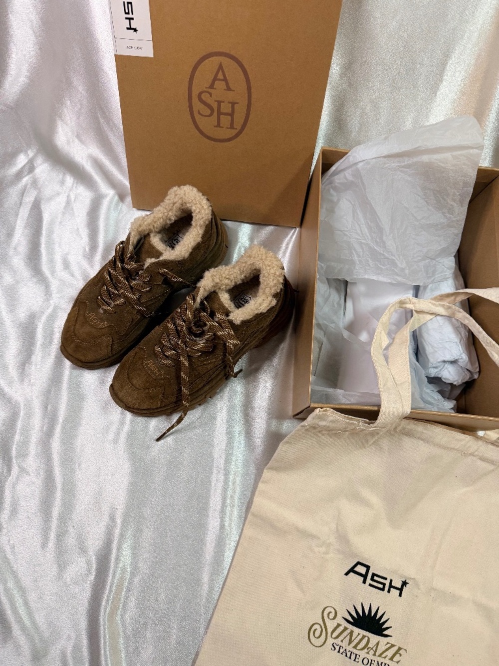ASH Addict Women’s Suede Shearling Sneakers Brown EU 39 US 9 New in Box
